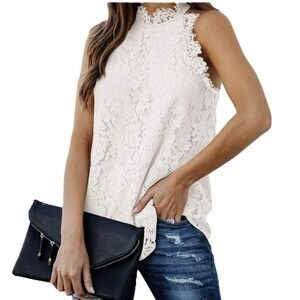 2XL Berryou White Lace Sleeveless Halter Top Rose Floral‎ Elegant Tank Blouse